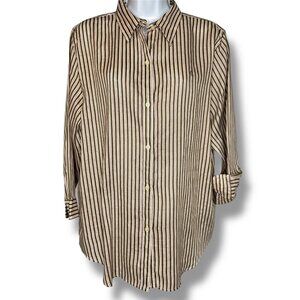 Lauren Ralph Lauren Cream Green Linen Striped Blouse preppy coastal lightweight